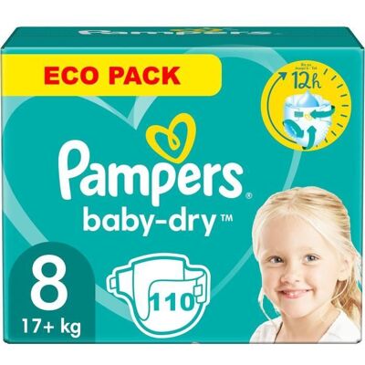 PAMPERS BABY DRY TAILLE 8 110 COUCHES + 17 KG Noir - Publicité PAMPERS BABY DRY TAILLE 8 110 COUCHES + 17 KG Noir - Publicité