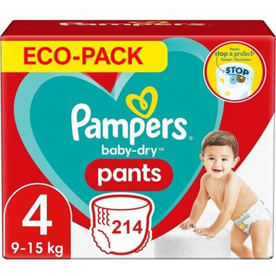 PAMPERS PANTS TAILLE 4 214 COUCHES BABY-DRY COUCHES-CULOTTES (9-15 KG) Blanc - Publicité PAMPERS PANTS TAILLE 4 214 COUCHES BABY-DRY COUCHES-CULOTTES (9-15 KG) Blanc - Publicité