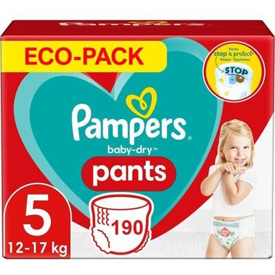 PAMPERS PANTS TAILLE 5 190 COUCHES BABY-DRY COUCHES-CULOTTES (12-17 KG) Blanc - Publicité PAMPERS PANTS TAILLE 5 190 COUCHES BABY-DRY COUCHES-CULOTTES (12-17 KG) Blanc - Publicité