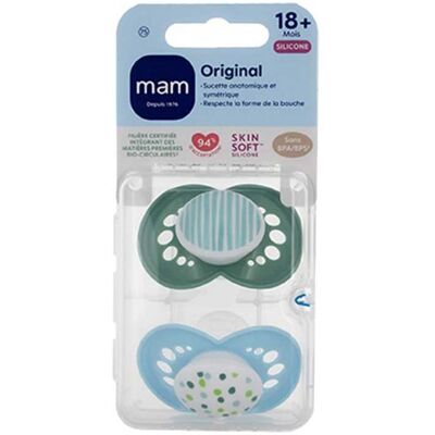 Sucettes-MAM Sucette Original Classique - 18+ Mois - Silicone - X2 (Modèle : Rayures Vertes et Pois Bleus) Bleu - Publicité Sucettes-MAM Sucette Original Classique - 18+ Mois - Silicone - X2 (Modèle : Rayures Vertes et Pois Bleus) Bleu - Publicité