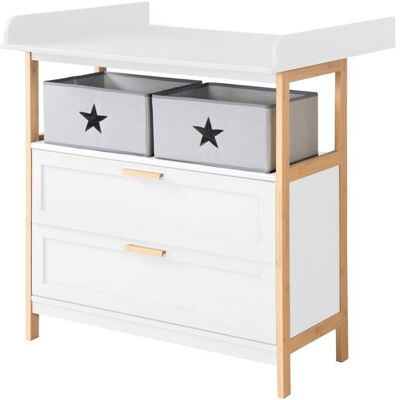 Commode à Langer ROBA - Berlin - 2 Tiroirs + 2 Boîtes de Rangement en Tissu - Meuble à Langer Évolutif - Blanc - Bambou Blanc - Publicité Commode à Langer ROBA - Berlin - 2 Tiroirs + 2 Boîtes de Rangement en Tissu - Meuble à Langer Évolutif - Blanc - Bambou Blanc - Publicité