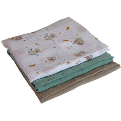 Lot de 3 langes bébé serviettes absorbantes et respirantes - 100% mousseline de coton - 30 x 30 cm - Koala - Monsieur Bébé - Publicité Lot de 3 langes bébé serviettes absorbantes et respirantes - 100% mousseline de coton - 30 x 30 cm - Koala - Monsieur Bébé - Publicité