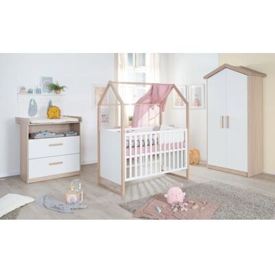 Chambre bébé complète : Lit 60 x 120 cm + commode à langer évolutive + armoire - CABANE - ROBA - Chêne / Blanc Blanc - Publicité Chambre bébé complète : Lit 60 x 120 cm + commode à langer évolutive + armoire - CABANE - ROBA - Chêne / Blanc Blanc - Publicité