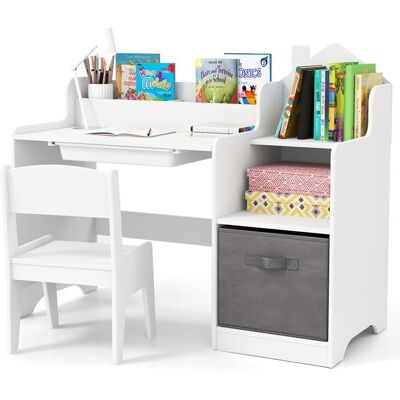 COSTWAY Ensemble Bureau Enfant avec Chaise - Étagères Ouvertes - Tiroir et Bac de Rangement en Tissu - 2 Compartiments Blanc Blanc - Publicité COSTWAY Ensemble Bureau Enfant avec Chaise - Étagères Ouvertes - Tiroir et Bac de Rangement en Tissu - 2 Compartiments Blanc Blanc - Publicité