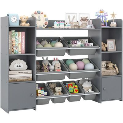 COSTWAY Étagère de Rangement pour Jouets 4 Niveaux pour Enfants avec 8 Bacs Amovibles et Bibliothèque 142 x 30 x 100 cm Gris - Publicité COSTWAY Étagère de Rangement pour Jouets 4 Niveaux pour Enfants avec 8 Bacs Amovibles et Bibliothèque 142 x 30 x 100 cm Gris - Publicité
