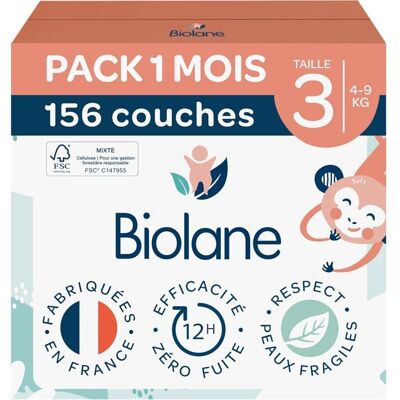 BIOLANE - Couches bébé taille 3 - (4-9 kg) - Peaux Sensibles - Pack 1 mois 156 couches - Publicité BIOLANE - Couches bébé taille 3 - (4-9 kg) - Peaux Sensibles - Pack 1 mois 156 couches - Publicité