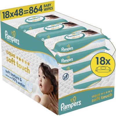 Lingettes bebe Pampers Lingettes humides Aqua Soft Touch 18 x 48 pièces. Sans plastique - Publicité Lingettes bebe Pampers Lingettes humides Aqua Soft Touch 18 x 48 pièces. Sans plastique - Publicité