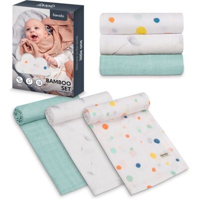 3 x Langes coton bébé en bambou naturel LIONELO - 70x70 cm - Antibactériens - Blanc/Mint Blanc - Publicité 3 x Langes coton bébé en bambou naturel LIONELO - 70x70 cm - Antibactériens - Blanc/Mint Blanc - Publicité