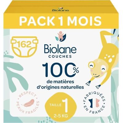 Biolane - Couche Taille 1 - 2-5 kg - Peaux Sensibles - Ultra-Absorbant Pas de Fuite 12h au Sec - Pack 1 mois 162 couches - Fabriq - Publicité Biolane - Couche Taille 1 - 2-5 kg - Peaux Sensibles - Ultra-Absorbant Pas de Fuite 12h au Sec - Pack 1 mois 162 couches - Fabriq - Publicité