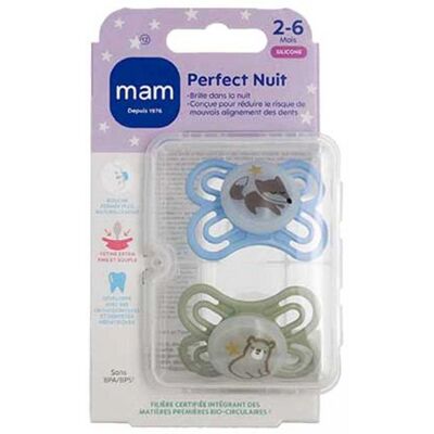 Sucettes-MAM Sucette Perfect Nuit - 2-6 Mois - Silicone - X2 (Modèle : Renard et Ours) - Publicité Sucettes-MAM Sucette Perfect Nuit - 2-6 Mois - Silicone - X2 (Modèle : Renard et Ours) - Publicité