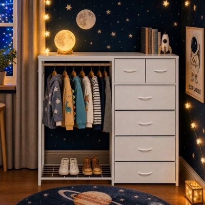 NOBRAND Armoire multifonctionnelle enfant blanche 125x40x120cm 6 tiroirs tringle et prise électrique pour chambre Blanc - Publicité NOBRAND Armoire multifonctionnelle enfant blanche 125x40x120cm 6 tiroirs tringle et prise électrique pour chambre Blanc - Publicité