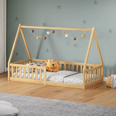 Idimex Lit cabane enfant 90x200 cm NICOLAS lit Simple montessori avec Barrières de Protection en Bois Massif Coloris naturel Marron - Publicité Idimex Lit cabane enfant 90x200 cm NICOLAS lit Simple montessori avec Barrières de Protection en Bois Massif Coloris naturel Marron - Publicité