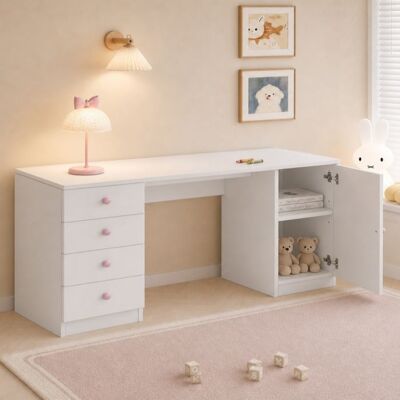OEM Bureau enfant 155 x 45 x 74 cm avec tiroirs avec étagère en MDF Blanc Blanc - Publicité OEM Bureau enfant 155 x 45 x 74 cm avec tiroirs avec étagère en MDF Blanc Blanc - Publicité