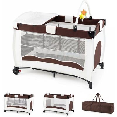 Lit Parapluie Bébé Pliant avec Matelas 4 en 1 COSTWAY-Table à Langer-3 Jouets-2 Roues Verrouillables-Sac Transportable-0-2 Ans-Brun Marron - Publicité Lit Parapluie Bébé Pliant avec Matelas 4 en 1 COSTWAY-Table à Langer-3 Jouets-2 Roues Verrouillables-Sac Transportable-0-2 Ans-Brun Marron - Publicité
