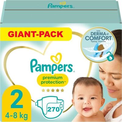 PAMPERS PREMIUM PROTECTION TAILLE 2 270 COUCHES (4-8 KG) - Publicité PAMPERS PREMIUM PROTECTION TAILLE 2 270 COUCHES (4-8 KG) - Publicité