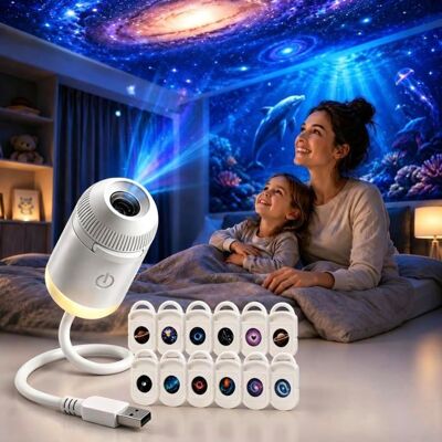 NOBRAND Projecteur HD Smart 5D holographique de nuit mini USB Galaxy Star Light Projecteur avec 24 disques de film rotation à 360 ° - Publicité NOBRAND Projecteur HD Smart 5D holographique de nuit mini USB Galaxy Star Light Projecteur avec 24 disques de film rotation à 360 ° - Publicité