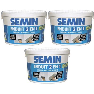 Lot de 3 enduits 2 en 1 multifonctions Semin - joint et lissage de la plaque de plâtre - intérieur - seau de 7 kg Blanc - Publicité Lot de 3 enduits 2 en 1 multifonctions Semin - joint et lissage de la plaque de plâtre - intérieur - seau de 7 kg Blanc - Publicité
