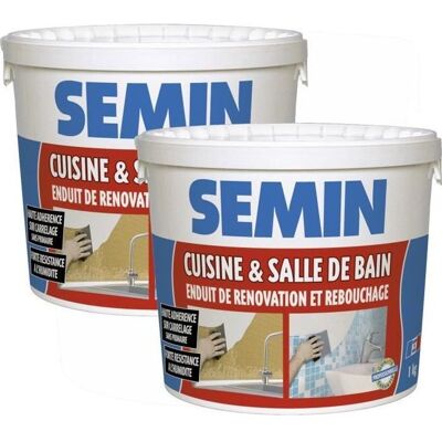 Lot de 2 enduits de rebouchage et rénovation spécial cuisine et salle de bain Semin - adapté aux pièces humides - seau de 1 kg - Publicité Lot de 2 enduits de rebouchage et rénovation spécial cuisine et salle de bain Semin - adapté aux pièces humides - seau de 1 kg - Publicité