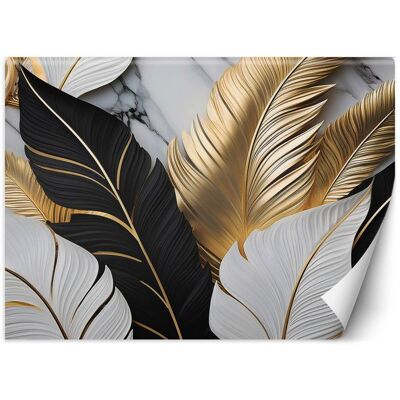 FEEBY Papier peint feuilles dor noires et blanches sur fond de marbre arrangement pour appartement et maison 400x280 cm Blanc - Publicité FEEBY Papier peint feuilles dor noires et blanches sur fond de marbre arrangement pour appartement et maison 400x280 cm Blanc - Publicité