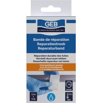 Bande de réparation - GEB - 15 m - Réparation en fibre de verre pour fuites sur tous matériaux rigides Blanc - Publicité Bande de réparation - GEB - 15 m - Réparation en fibre de verre pour fuites sur tous matériaux rigides Blanc - Publicité