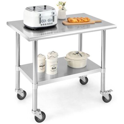 COSTWAY Table Plan de Travail Cuisine en Acier Inoxydable à 2 Niveaux avec 4 Roues en PU Plateau Inférieure Réglable Charge 250 kg Gris - Publicité COSTWAY Table Plan de Travail Cuisine en Acier Inoxydable à 2 Niveaux avec 4 Roues en PU Plateau Inférieure Réglable Charge 250 kg Gris - Publicité
