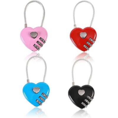 Cadenas en forme de cœur - MHY® - Lot de 4 - Mini serrure à code - Câble métallique - Code à 3 chiffres - Publicité Cadenas en forme de cœur - MHY® - Lot de 4 - Mini serrure à code - Câble métallique - Code à 3 chiffres - Publicité