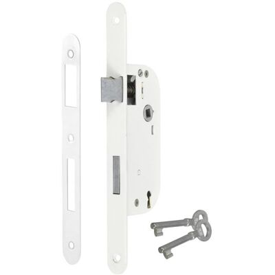 Serrure à larder à clé axe 40 mm blanc A encastrer réversible bouts ronds - Publicité Serrure à larder à clé axe 40 mm blanc A encastrer réversible bouts ronds - Publicité