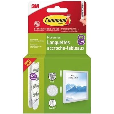 3M - Languette accroche-tableau - Adhésive - Auto-agrippante - Moyen modèle - Supporte 5 kg - Lot de 12 Blanc - Publicité 3M - Languette accroche-tableau - Adhésive - Auto-agrippante - Moyen modèle - Supporte 5 kg - Lot de 12 Blanc - Publicité