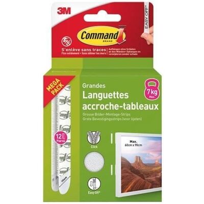3M - Languette accroche-tableau - Adhésive - Auto-agrippante - Grande modèle - Supporte 7 kg - Lot de 12 Blanc - Publicité 3M - Languette accroche-tableau - Adhésive - Auto-agrippante - Grande modèle - Supporte 7 kg - Lot de 12 Blanc - Publicité