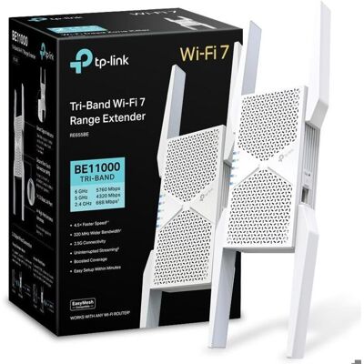 TP-Link RE655BE Répéteur WiFi 7 Mesh 9300 Mbps Tri‑Bande Port 2.5 GbE MU‑MIMO compatible box - Publicité TP-Link RE655BE Répéteur WiFi 7 Mesh 9300 Mbps Tri‑Bande Port 2.5 GbE MU‑MIMO compatible box - Publicité