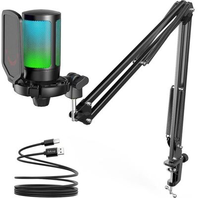 Microphone à condensateur - FIFINE - USB Microphone Gaming kit - USB - RGB - Antichoc Noir - Publicité Microphone à condensateur - FIFINE - USB Microphone Gaming kit - USB - RGB - Antichoc Noir - Publicité