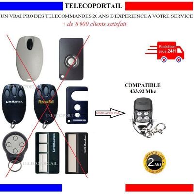 Télécommande - TELECOPORTAIL - Compatible Chamberlain/Liftmaster - 433.92 MHz - 4 canaux - Pour portes de garage Noir - Publicité Télécommande - TELECOPORTAIL - Compatible Chamberlain/Liftmaster - 433.92 MHz - 4 canaux - Pour portes de garage Noir - Publicité