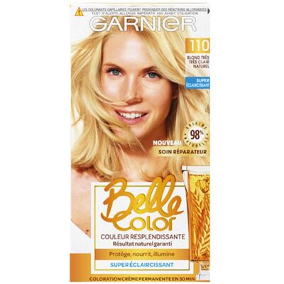 Crème de coloration Belle Color GARNIER - A lhuile de germe de blé. 110 - Blond Très Très Clair Naturel - Publicité Crème de coloration Belle Color GARNIER - A lhuile de germe de blé. 110 - Blond Très Très Clair Naturel - Publicité