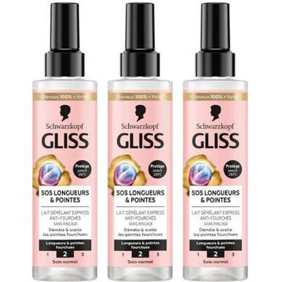 Schwarzkopf GLISS- Lait Démêlant Express - SOS Longueurs & Pointes - Anti-Fourches - Protège jusquà 230°C - Lot de 3 - Publicité Schwarzkopf GLISS- Lait Démêlant Express - SOS Longueurs & Pointes - Anti-Fourches - Protège jusquà 230°C - Lot de 3 - Publicité