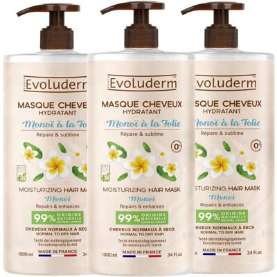 EVOLUDERM - Masque Cheveux Hydratant Monoï à la Folie - 1000 ml - 99% dOrigine Naturelle - Lot de 3 x 1000ml - Publicité EVOLUDERM - Masque Cheveux Hydratant Monoï à la Folie - 1000 ml - 99% dOrigine Naturelle - Lot de 3 x 1000ml - Publicité