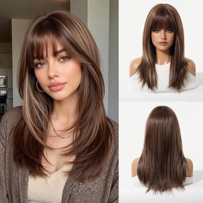 Perruque longue raide brune - LEHRING - Brune avec mèches - Cheveux synthétiques naturels - Publicité Perruque longue raide brune - LEHRING - Brune avec mèches - Cheveux synthétiques naturels - Publicité