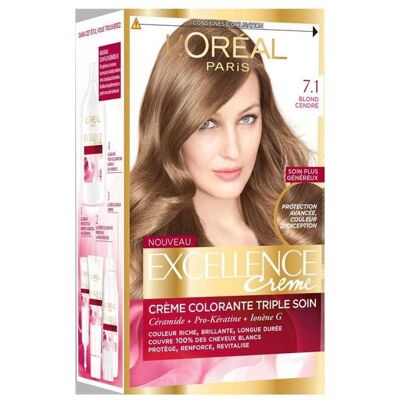 L'OREAL PARIS Coloration Permanente - LOREAL PARIS - Excellence - Blond Cendré 7.1 - Triple Soin - 100% Cheveux Blancs - Publicité L'OREAL PARIS Coloration Permanente - LOREAL PARIS - Excellence - Blond Cendré 7.1 - Triple Soin - 100% Cheveux Blancs - Publicité