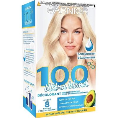 Kits de change Garnier 100% Ultra Blond Kit de Décoloration Sans Ammoniaque Éclaircissement Maximum Effet Anti-Paille 657422 - Publicité Kits de change Garnier 100% Ultra Blond Kit de Décoloration Sans Ammoniaque Éclaircissement Maximum Effet Anti-Paille 657422 - Publicité