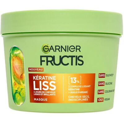 Garnier Fructis Kératine Liss Masque enrichie en kératine végétale et huile dargan 370ml - Publicité Garnier Fructis Kératine Liss Masque enrichie en kératine végétale et huile dargan 370ml - Publicité