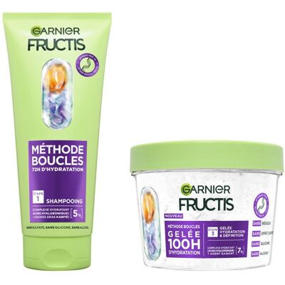 Garnier Fructis Méthode Boucles Duo Shampooing et Gelée Hydratante à lAcide Hyaluronique pour toutes les boucles - Publicité Garnier Fructis Méthode Boucles Duo Shampooing et Gelée Hydratante à lAcide Hyaluronique pour toutes les boucles - Publicité