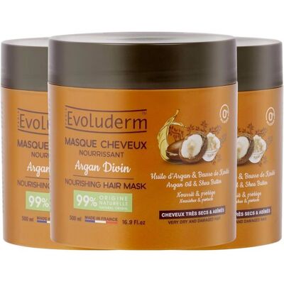 EVOLUDERM - Masque Cheveux Nourrissant Argan Divin - 500 ml - 99% dOrigine Naturelle - Végan - Lot de 3 x 500 ml - Publicité EVOLUDERM - Masque Cheveux Nourrissant Argan Divin - 500 ml - 99% dOrigine Naturelle - Végan - Lot de 3 x 500 ml - Publicité