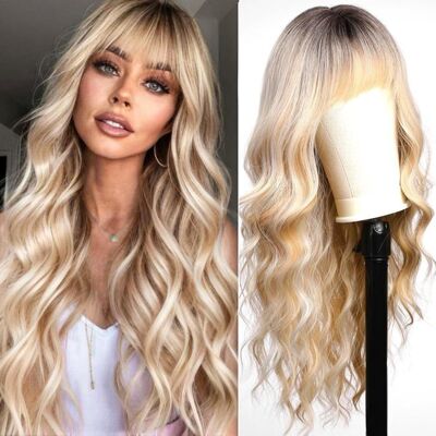 ZIG-ZAG TERRITOIRES Perruque Blond Ombré Pour Femme Avec FrangeNaturelle Longue Bouclée Cheveux Synthétiques Perruque Avec Racine Foncée Pour La Fête - Publicité ZIG-ZAG TERRITOIRES Perruque Blond Ombré Pour Femme Avec FrangeNaturelle Longue Bouclée Cheveux Synthétiques Perruque Avec Racine Foncée Pour La Fête - Publicité