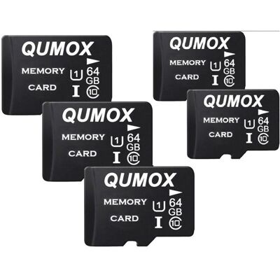 QUMOX Lot de 5 Carte Mémoire 64 Go avec Adaptateur Carte Mémoire TF UHS-I C10 Carte TF pour Tablette/Téléphone/Appareil Photo - Publicité QUMOX Lot de 5 Carte Mémoire 64 Go avec Adaptateur Carte Mémoire TF UHS-I C10 Carte TF pour Tablette/Téléphone/Appareil Photo - Publicité
