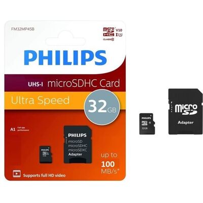 Carte mémoire - PHILIPS - MicroSDHC 32GB - Classe 10 - Vitesse 100MB/s - A1 Fast App Performance - Publicité Carte mémoire - PHILIPS - MicroSDHC 32GB - Classe 10 - Vitesse 100MB/s - A1 Fast App Performance - Publicité
