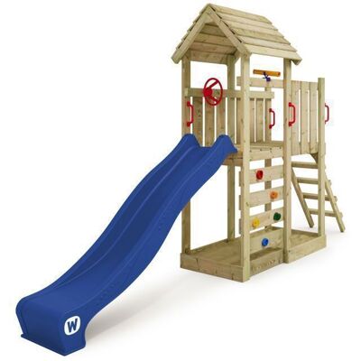 Aire de jeux bois WICKEY JoyFlyer avec toboggan 220 cm bleu mur d’escalade et bac à sable – 10 ans de garantie* - Publicité Aire de jeux bois WICKEY JoyFlyer avec toboggan 220 cm bleu mur d’escalade et bac à sable – 10 ans de garantie* - Publicité