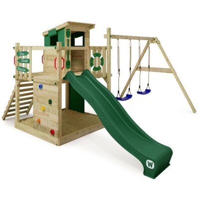 Aire de jeux bois WICKEY Smart Camp avec toboggan 220 cm vert double balançoire et maisonnette – 10 ans de garantie* - Publicité Aire de jeux bois WICKEY Smart Camp avec toboggan 220 cm vert double balançoire et maisonnette – 10 ans de garantie* - Publicité