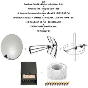 Kit Parabole SAT 80cm - OPTEX - Antenne TNT 18dB - Antenne DAB FM - Câble Coax 20m Gris - Publicité Kit Parabole SAT 80cm - OPTEX - Antenne TNT 18dB - Antenne DAB FM - Câble Coax 20m Gris - Publicité