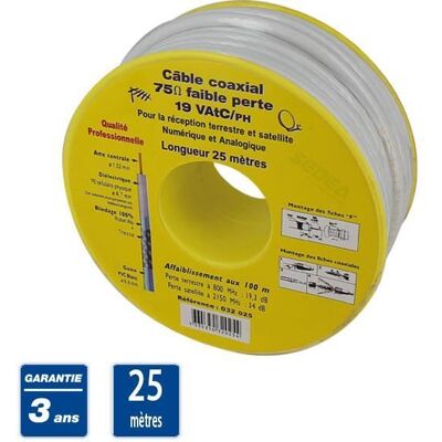 Câble coaxial antenne TV/satellite - SEDEA - 19VATC - Bobine 25 m - Âme acier cuivré Ø1 02 mm - Diélectrique Ø4 7 mm - Publicité Câble coaxial antenne TV/satellite - SEDEA - 19VATC - Bobine 25 m - Âme acier cuivré Ø1 02 mm - Diélectrique Ø4 7 mm - Publicité