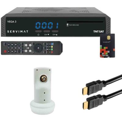 Pack SERVIMAT Récepteur satellite Full HD + Carte TNTSAT V6 + Câble HDMI + LNB Single HDSAT Noir - Publicité Pack SERVIMAT Récepteur satellite Full HD + Carte TNTSAT V6 + Câble HDMI + LNB Single HDSAT Noir - Publicité