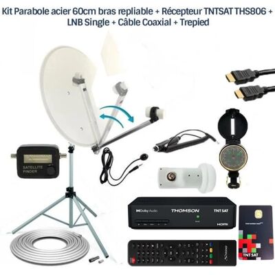 Kit Parabole acier 60cm bras repliable + Récepteur TNTSAT THS806 + LNB Single + Câble Coaxial + Trepied - Publicité Kit Parabole acier 60cm bras repliable + Récepteur TNTSAT THS806 + LNB Single + Câble Coaxial + Trepied - Publicité